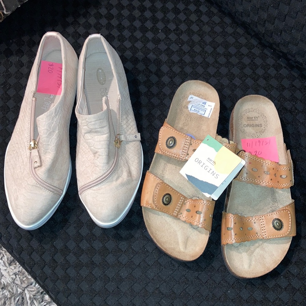 A pair of beige Sneakers  9 and a new pair of sandals 81/2. For $40